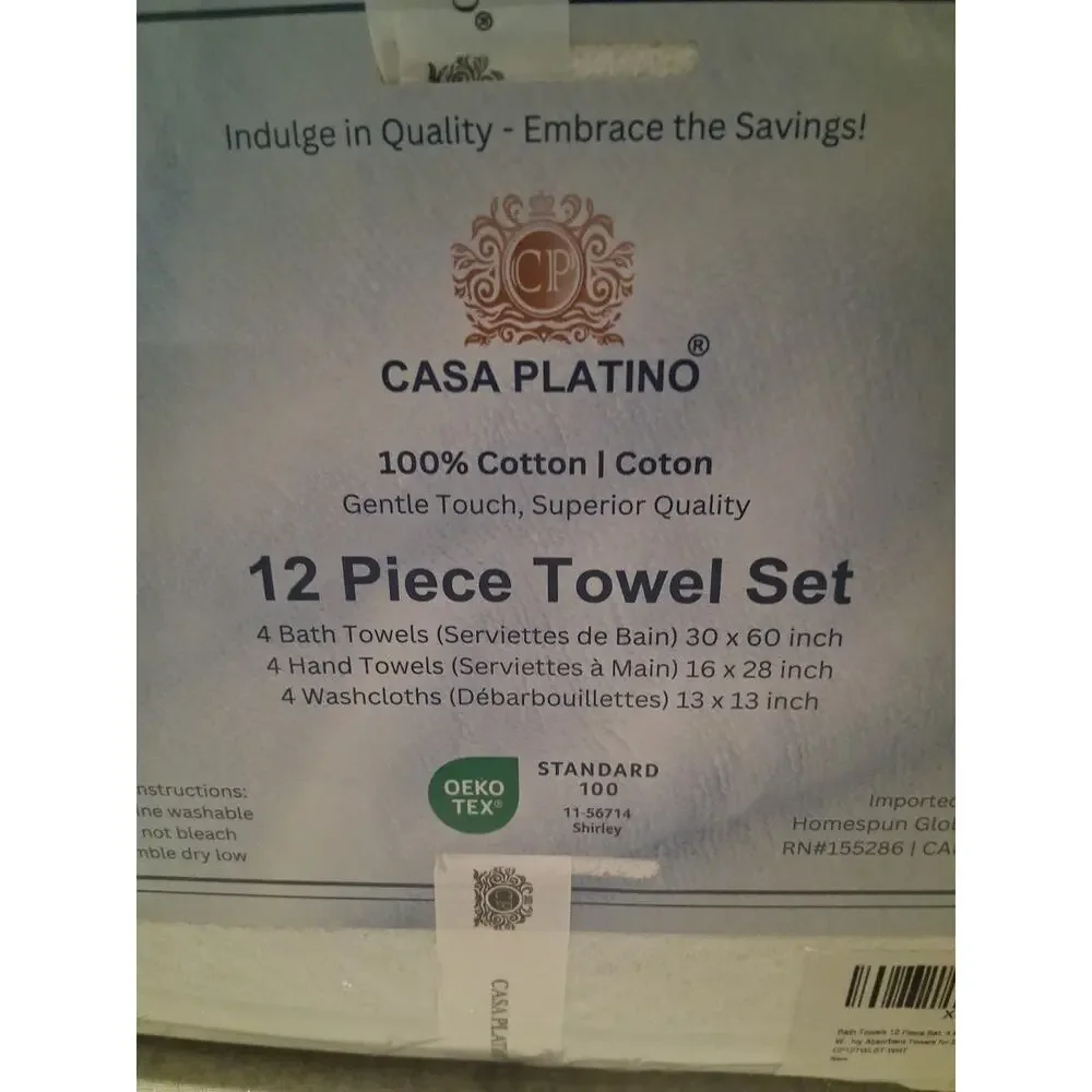 Casa Platino 12 Piece Towel Set 100% Cotton Premium Bathroom Towels White NEW